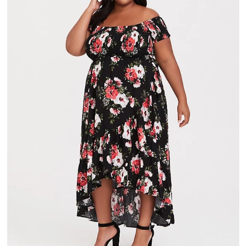 Torrid BLACK FLORAL SMOCKED CHALLIS HI-LO DRESS